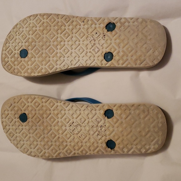 Tory Burch Flip Flops Turquoise Thong Turquoise/Green Floral Print Footbed Sz 7 - Picture 2 of 7